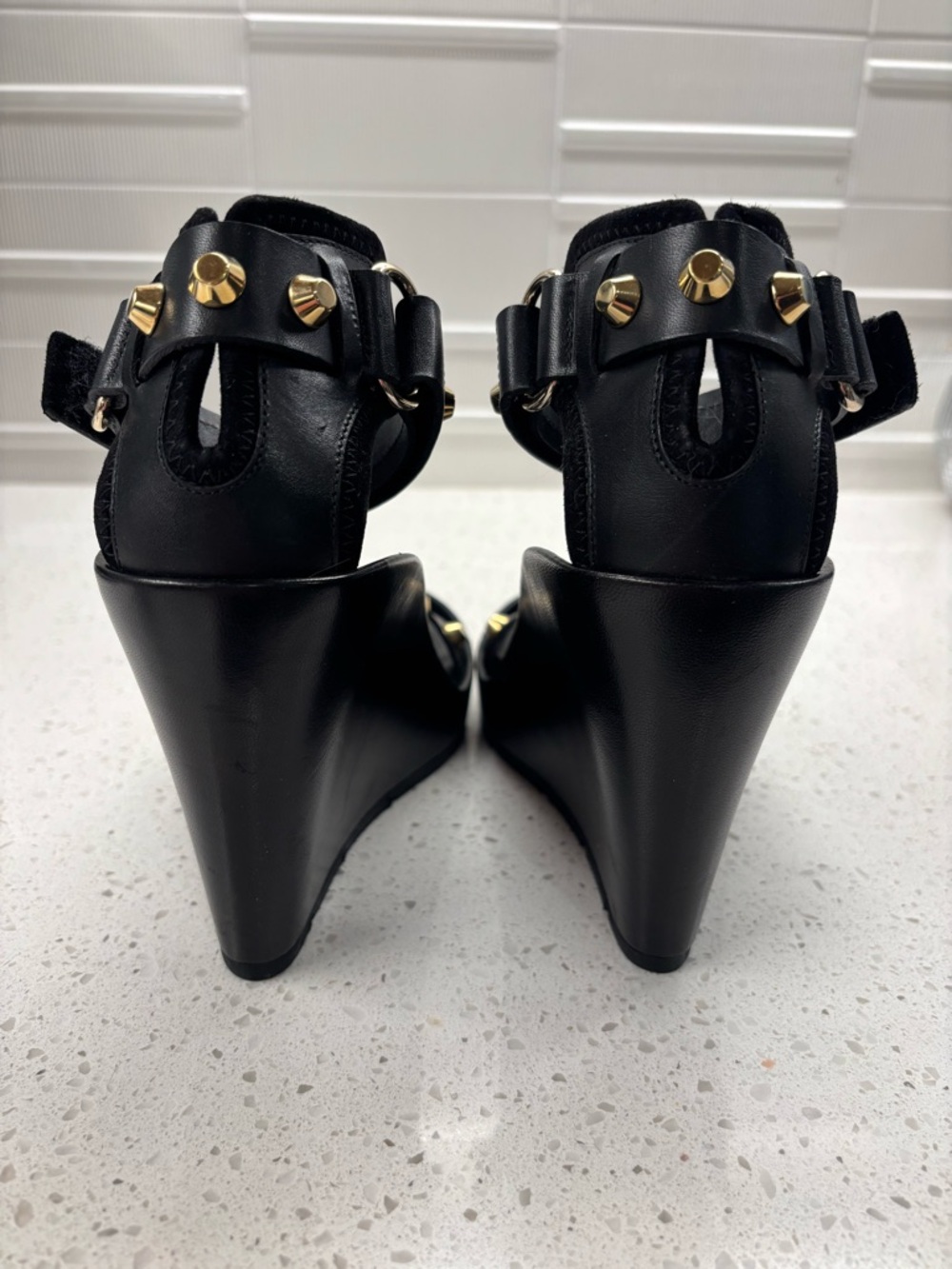 Balenciaga Black Leather Gold-Stud Platform Sandals - Picture 4 of 10